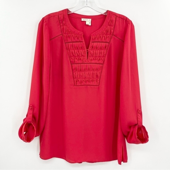 Anthropologie Meadow Rue Red Chiffon Roll-Tab Sleeve Popover Tunic Blouse Top - Picture 1 of 10